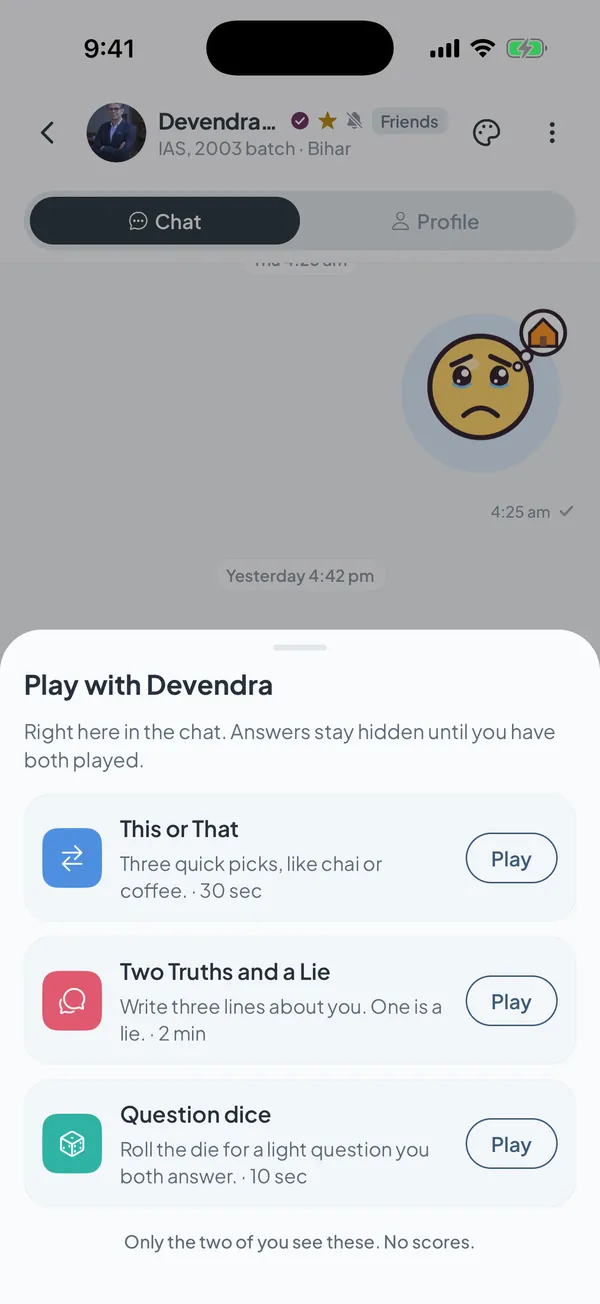 Officer Saathi app: the Play with Devendra sheet over a chat, offering This or That, Two Truths and a Lie and Question dice, played right in the chat with answers hidden until both have played.