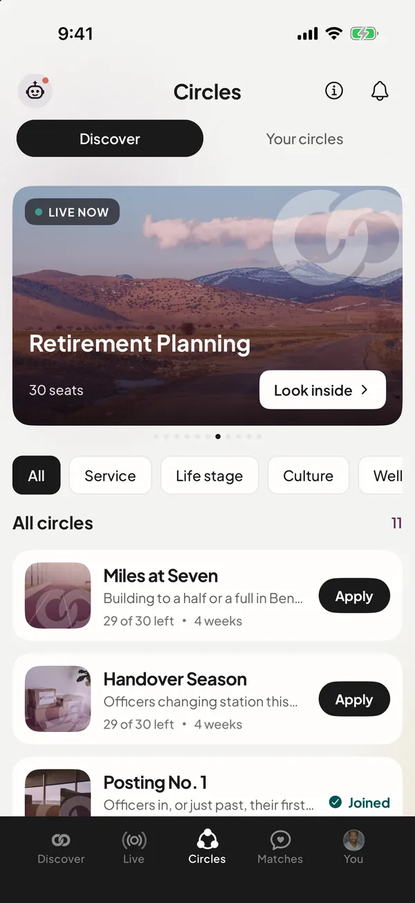 Officer Saathi app: the Circles tab, with the live Circle Retirement Planning at the top, topic filters, and running Circles such as Miles at Seven and Handover Season with 29 of 30 seats left and an Apply button.