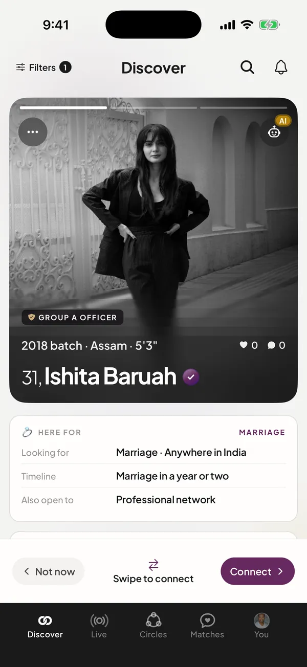 Officer Saathi app: the Discover tab with a demo profile card for Ishita Baruah, a Group A officer of the 2018 batch from Assam, her Here for Marriage details, and the Not now, Swipe to connect and Connect strip above the Discover, Live, Circles, Matches and You tabs.