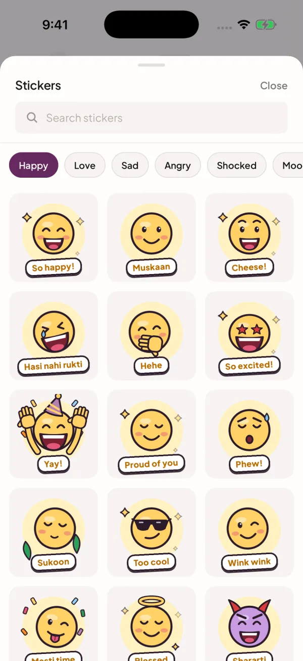 Officer Saathi app: the sticker tray open in a chat, on the Happy tab, showing a grid of feelings stickers with Hinglish captions such as Muskaan, Hasi nahi rukti and Sukoon.