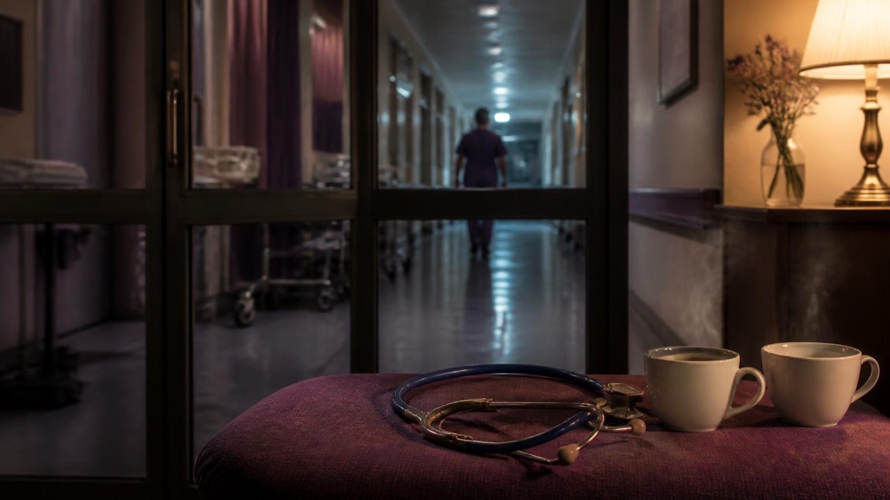 A stethoscope and two coffee cups on a bench in a hospital corridor at night