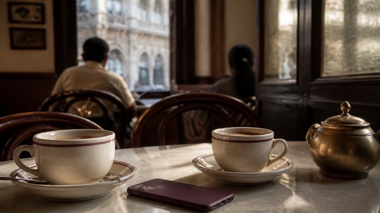 Two coffee cups and a phone face-down on a café table in warm window light