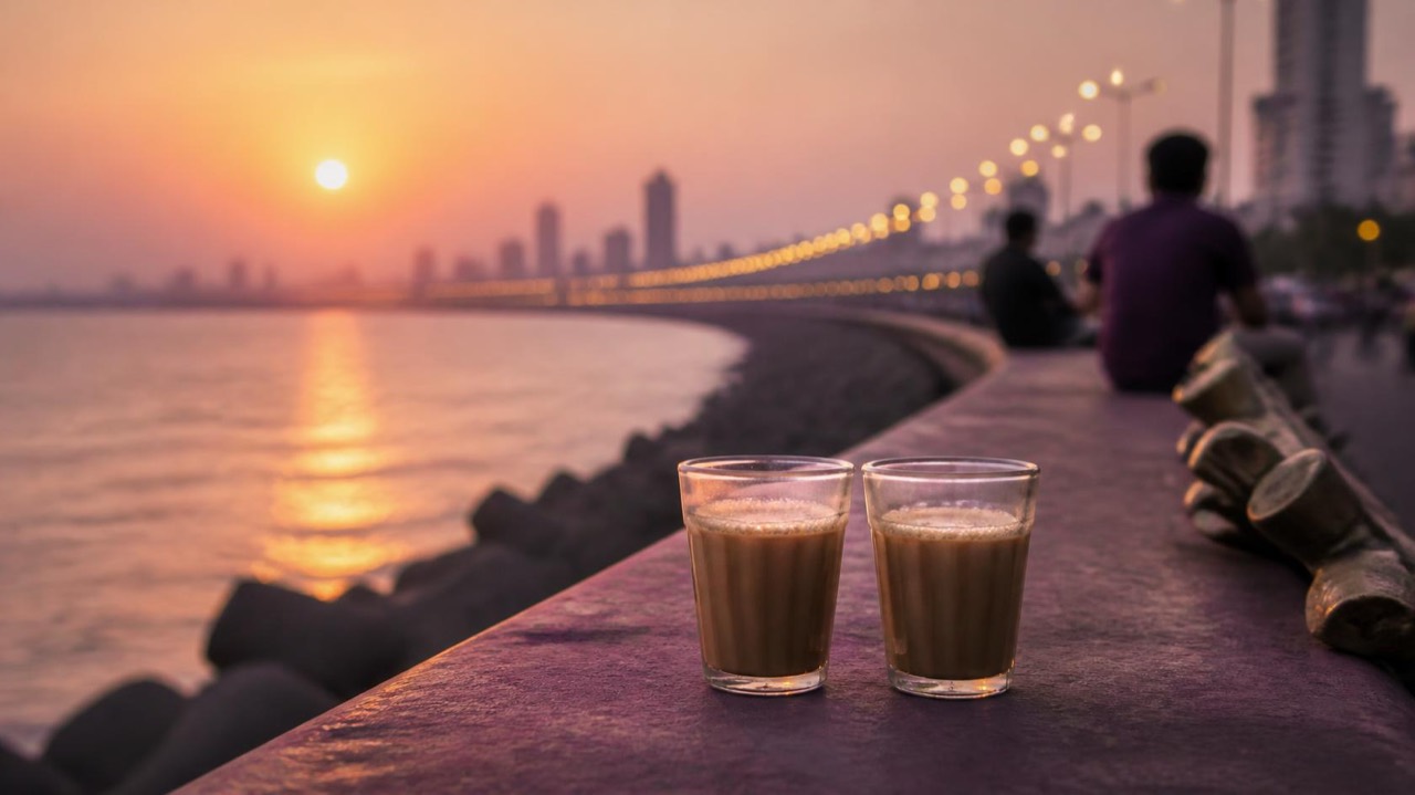Two glasses of cutting chai on a seafront parapet at sunset