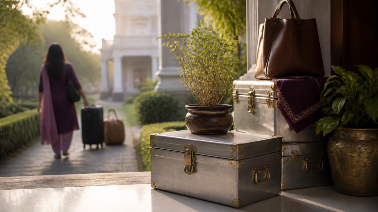 Packed trunks and a tulsi plant on the steps of an official residence in morning light