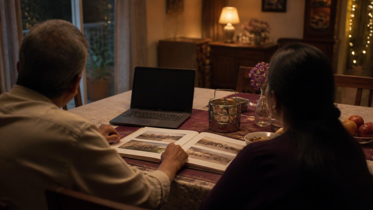 A family dining table with a laptop, photo album and tiffin under a lamp