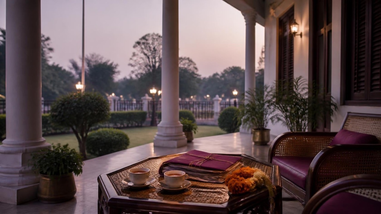 Two cups of chai on a verandah table at dusk outside an Indian government bungalow