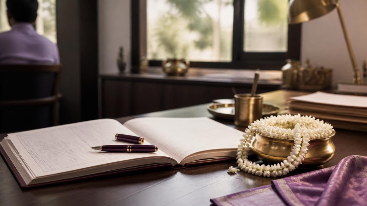 A fountain pen, ledger and jasmine garland on a tidy desk