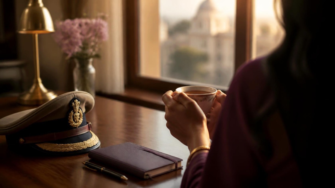 A woman's hands holding tea beside an officer's cap and a diary on a desk