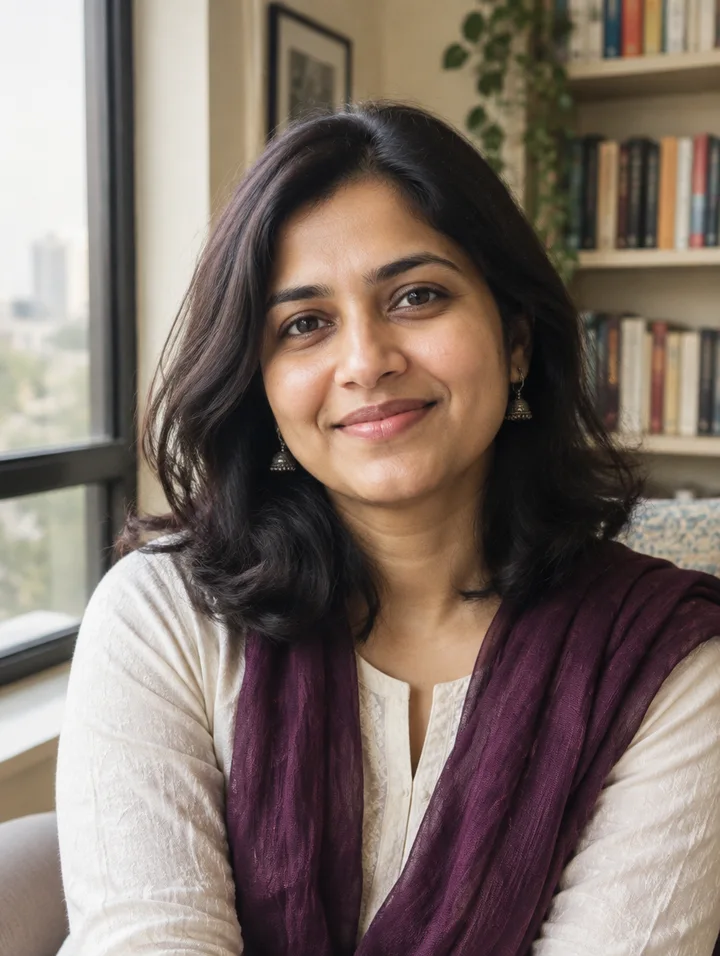 A smiling young woman in a book-lined room at home
