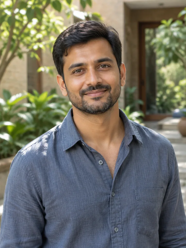 A smiling man in a blue shirt in a leafy courtyard