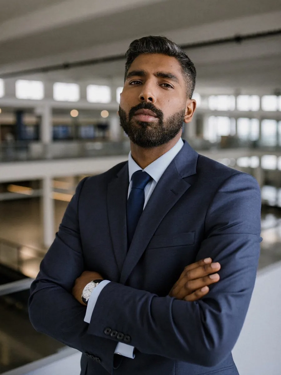 A businessman in a navy suit with arms folded in a modern office