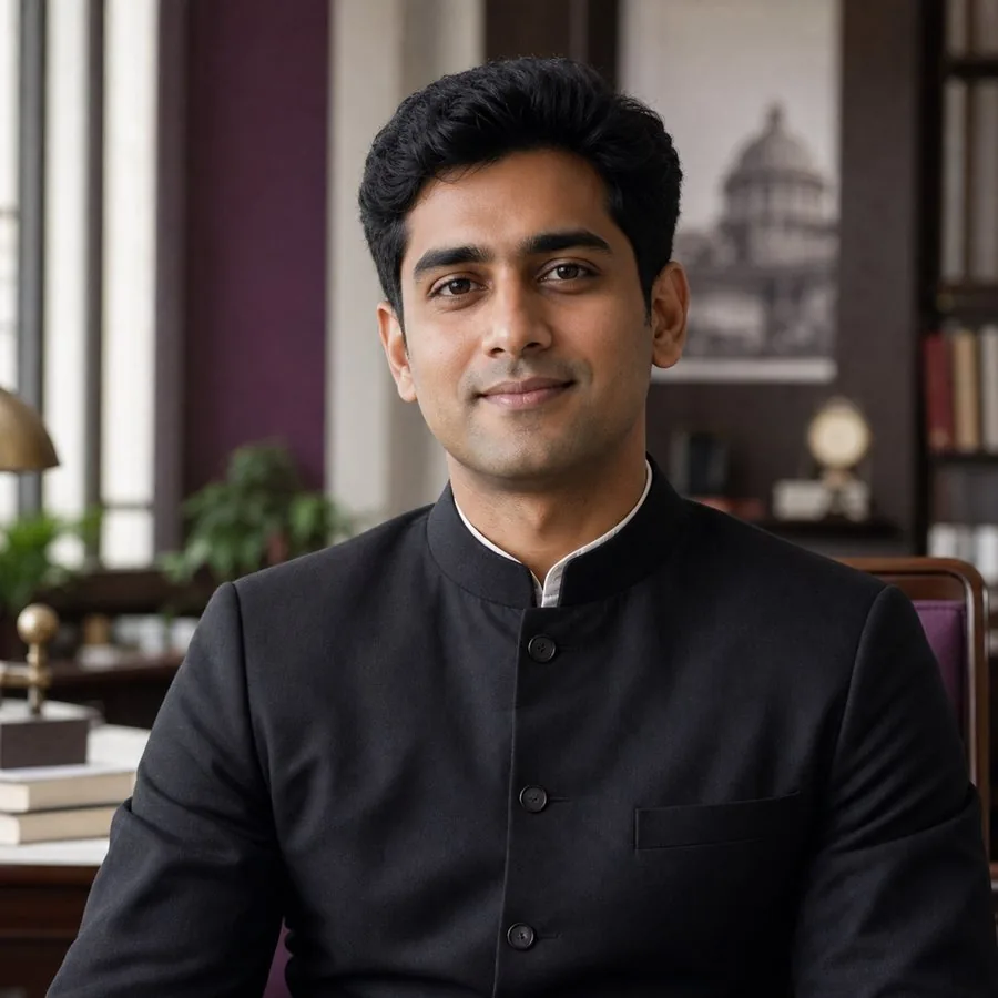 A young officer in a black bandhgala in a book-lined office