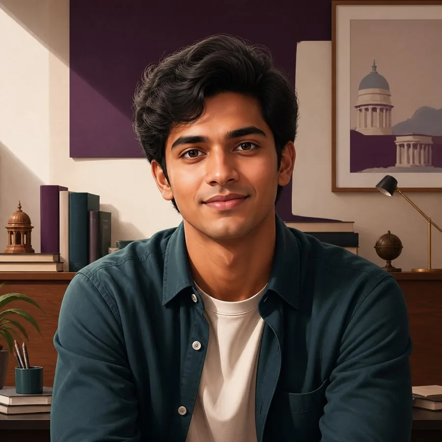 A young man in a dark shirt smiling in a study