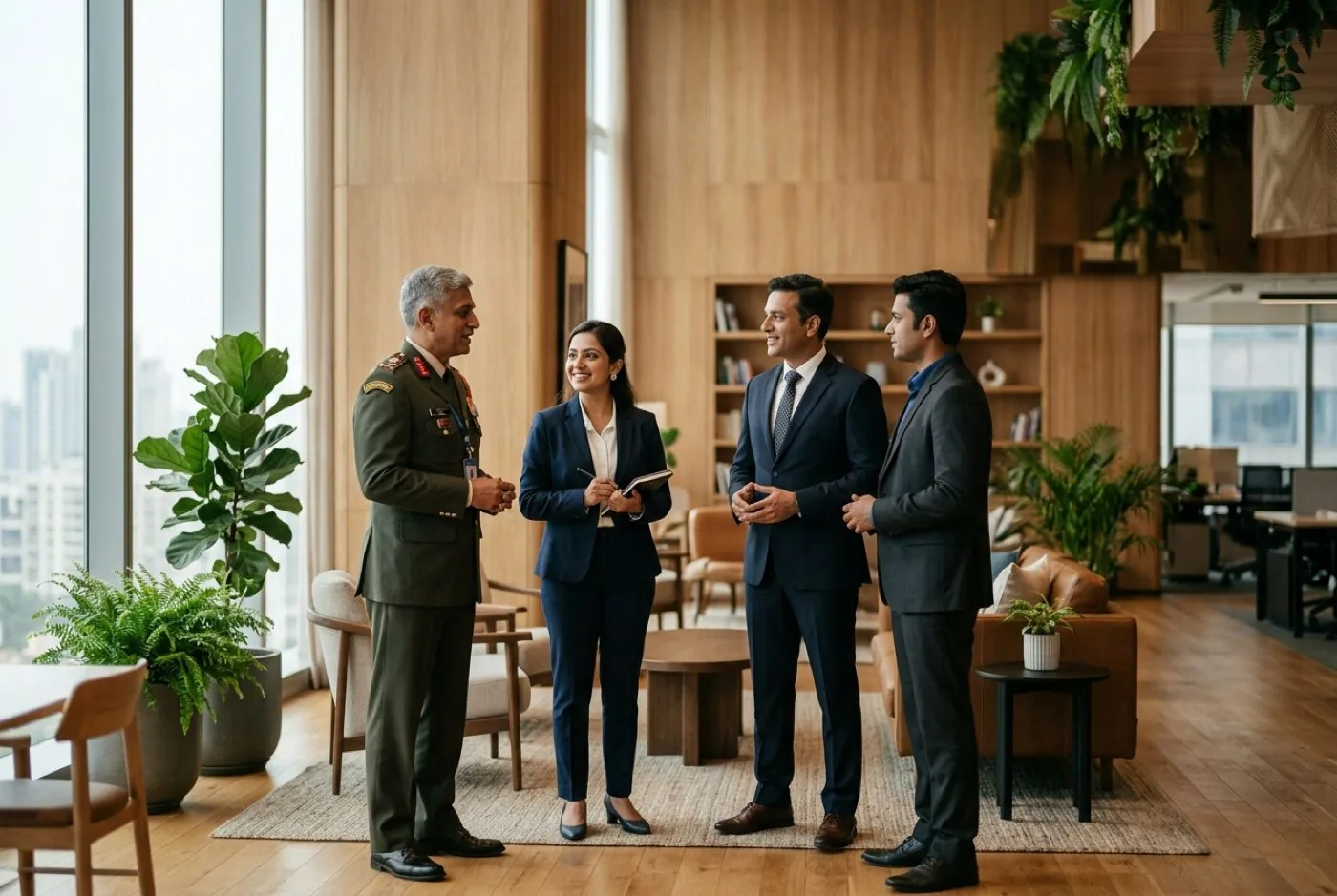 An army officer talking with three professionals in a bright office lounge