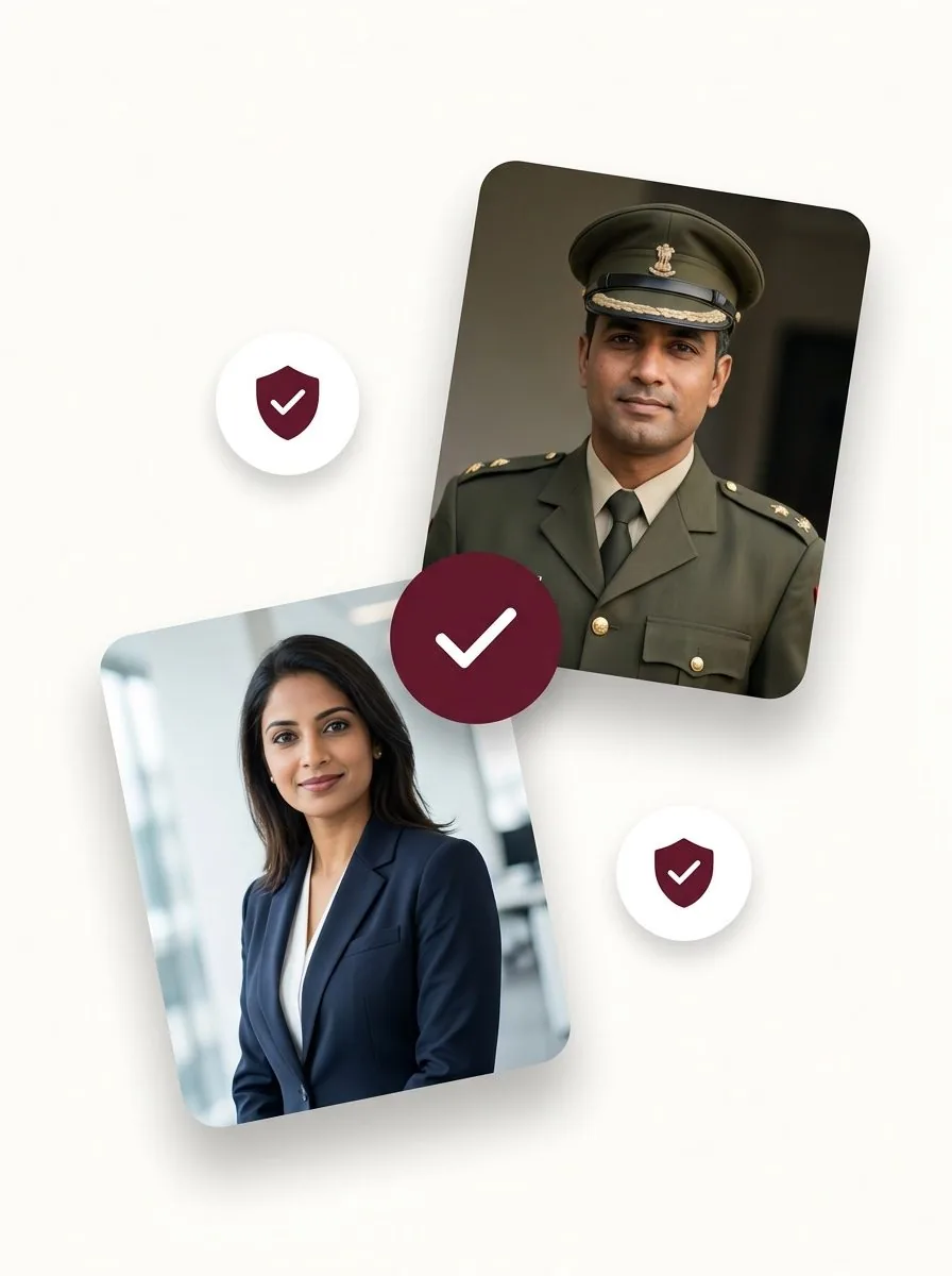 Two profile photos with a verified tick and shield badges