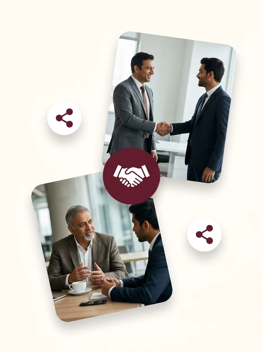 Two people shaking hands and a meeting over coffee, with share symbols