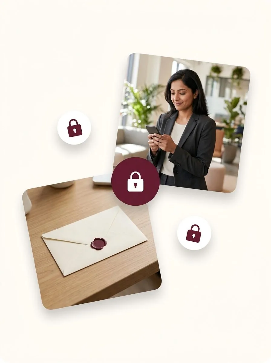 A sealed envelope and a profile photo with lock symbols