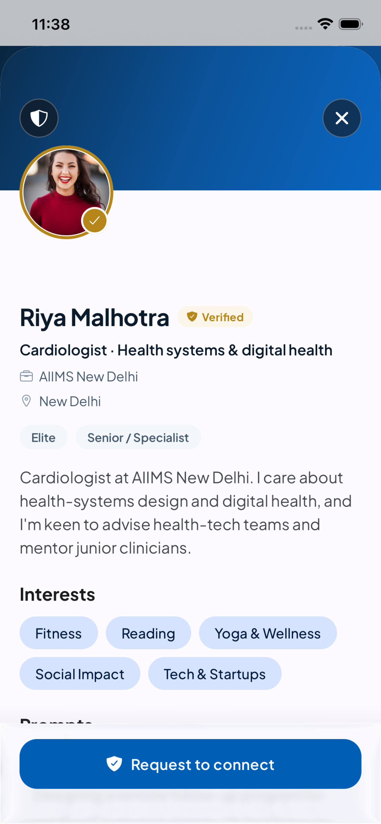 A verified member profile with request to connect