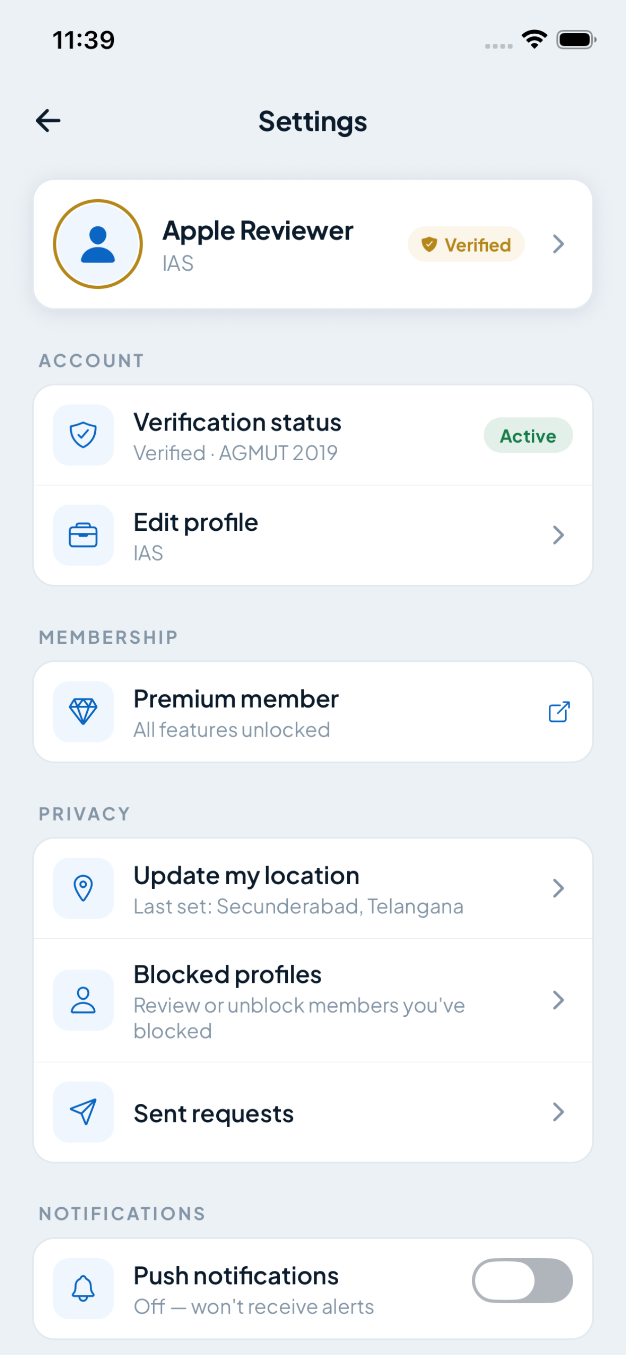 Profile settings with verification status