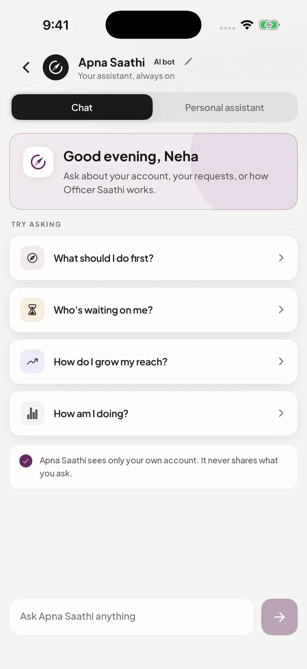 Officer Saathi app: Apna Saathi, the in-app assistant, greeting the member with suggested questions: What should I do first? Who's waiting on me? How do I grow my reach? How am I doing?