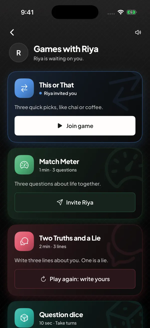 Officer Saathi app: the Games with Riya page for a sample chat, with a This or That invite waiting to be joined, Match Meter (three questions about life together), Two Truths and a Lie, and Question dice.