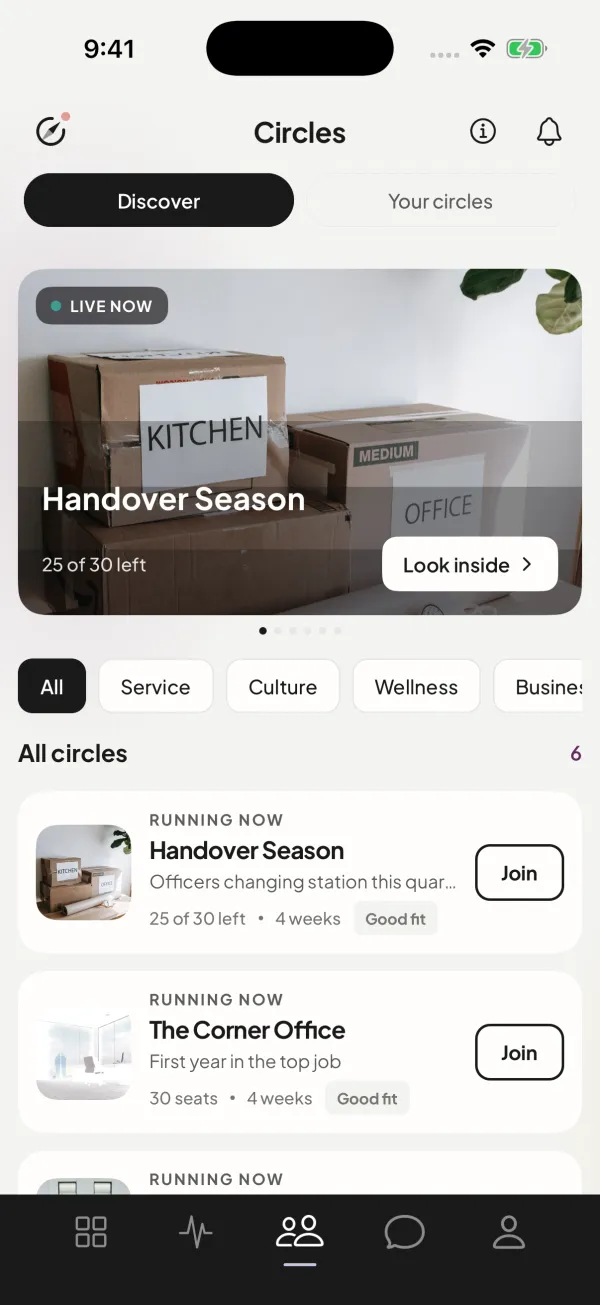 Officer Saathi app: the Circles tab on Discover, with the live Circle Handover Season at the top, topic filters, and running Circles such as Handover Season and The Corner Office with seats left and a Good fit tag.
