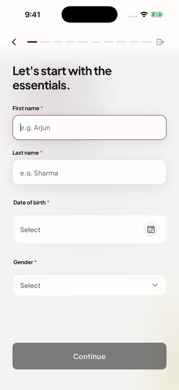 Officer Saathi app: the first step of an application, "Let's start with the essentials", asking for first name, last name, date of birth and gender.