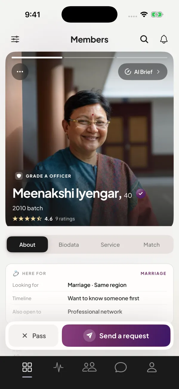 Officer Saathi app: the Members tab showing a demo profile card for Meenakshi Iyengar, a Grade A officer of the 2010 batch, with About, Biodata, Service and Match tabs, her Here for Marriage details, and Pass and Send a request buttons.