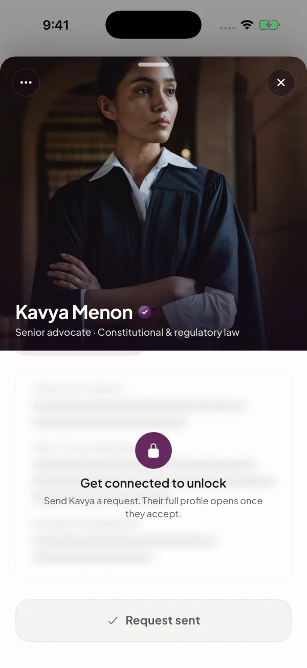 Officer Saathi app: a member's profile before you are connected, showing her photo, name and headline (Kavya Menon, senior advocate), with the rest of the profile blurred behind a lock and the line Get connected to unlock.